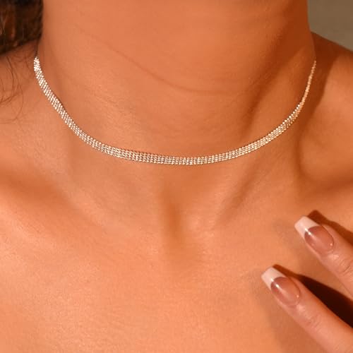 Tavmudar MOLEVY Dainty Silver Necklace for Women 14K Gold Plated Choker Necklaces Silver Necklace Satellite Chain Necklaces Simple Choker Beaded Circle Necklace Trendy Jewelry Christmas Gift for Her