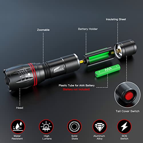 HAUSBELL High Lumen A100 LED Flashlight, Bright & Zoomable Tactical Flashlights Flash Light, with 2 Modes for Emergency and Outdoor Use Camping Accessories(4 Pack)
