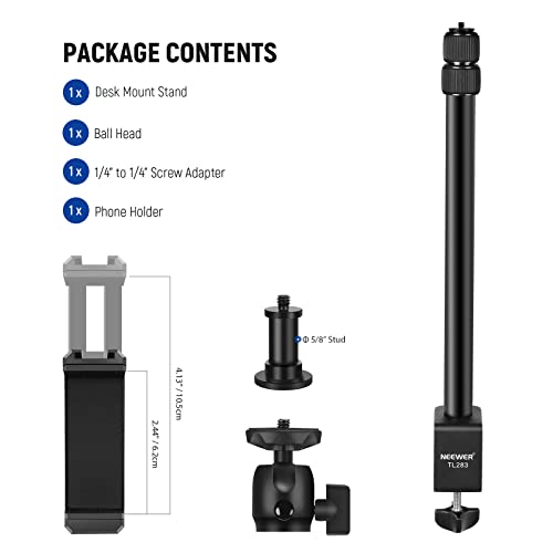 NEEWER Extendable Camera Desk Mount with Ball Head, 17"-40" Adjustable Table Light Stand with 1/4" Screw & C Clamp for DSLR Camera, Ring Light, Live Stream, Vlog, Max Load: 6.6lb/3kg, TL283 (RED)