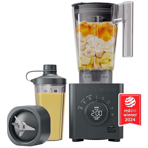 Chefman Obliterator 48 oz Countertop Blender for Smoothies, 1380W Motor to Crush Ice, Nuts, and Frozen Fruit with Stainless Steel Blade, Auto Blend Function, Includes 20 oz Travel Jar - Midnight