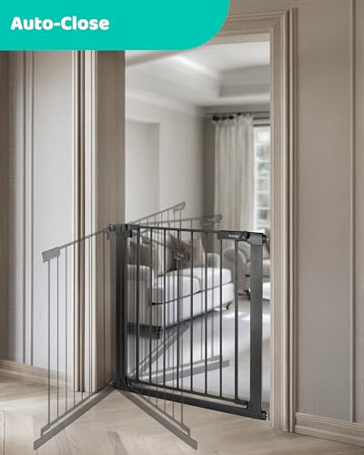 Newnice 29.7"-32.3" Narrow Baby Gate,Easy Install with Auto Close, Fit for Small Stairs & Doorways, Pressure Mounted Gate with Door, No Drill Wall Protected, Pet Gate for Dog,Cat, No Extensions,Black