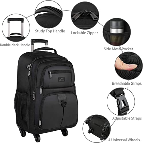 MATEIN Rolling Backpack with 4 Wheels, 17 inch Roller Travel Laptop Backpack for Women Men, Large Wheeled Backpacks Water Resistant Business Carry on Luggage, Airline Approved Suitcase Bag, Black