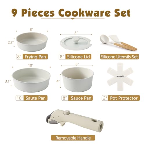 SENSARTE 17 Piece Ceramic Pots and Pans Set, Nonstick Detachable Handle Cookware, Induction Kitchen Cookware Set with Removable Handle, Dishwasher ＆ Oven Safe, PFAS/PTFE/PFOA Free (Almond Beige)