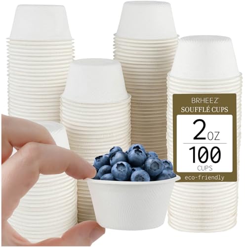 brheez 2 oz - Pack of 100 Disposable Bagasse Fiber Souffle Cups , 100% Natural Biodegradable & Compostable Perfect for Condiments Small Portion & Samples , Eco Friendly Paper Alternative - White