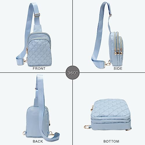 Bunnychill Small Crossbody Sling Bags for Women Men, 3 Zipper Pocket Cell Phone Purse Fanny Packs for Women Men,Daypack Sport Chest Satchel (Baby Blue)