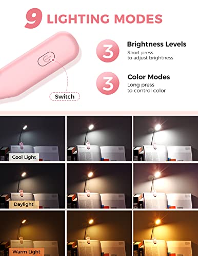 Monotremp Book Lights for Reading at Night in Bed, 80 Hours Runtime LED Book Light Rechargeable, 3 Brightness Levels × 3 Color Temperatures, 1.3 oz Lightweight Reading Lights for Books in Bed