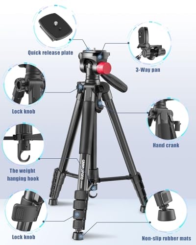 CAMBOFOTO 74"-Camera-Tripod, Porfessional Aluminum Heavy Duty Tripod Stand for Mirrorless Camera/DSLR/Cell Phone/Camcorder, with Holder and Travel Bag