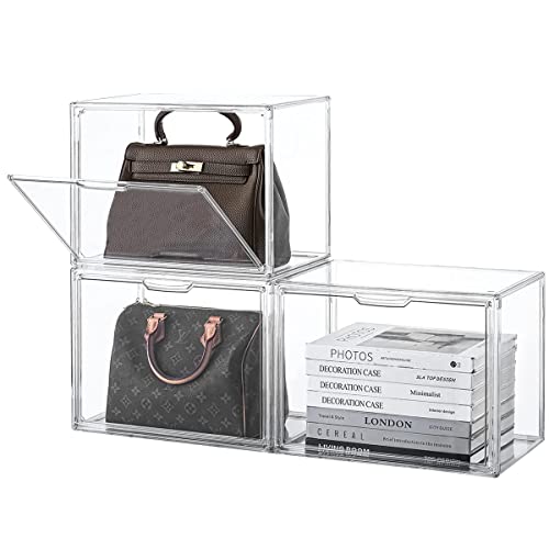 Purse Organizer for Closet,Clear Acrylic Display Case for Handbag Organizer, Purse Storage Box with Magnetic Door, Plastic Storage Bins for Book, Collectibles, Cosmetic (5 Pack)