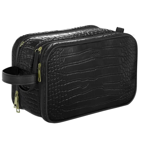 Leather Toiletry Bag for Men Women - Spacious Womens Mens Toiletry Travel Bag, Large Travel Toiletries Bags (Black Croc, Large Dopp)