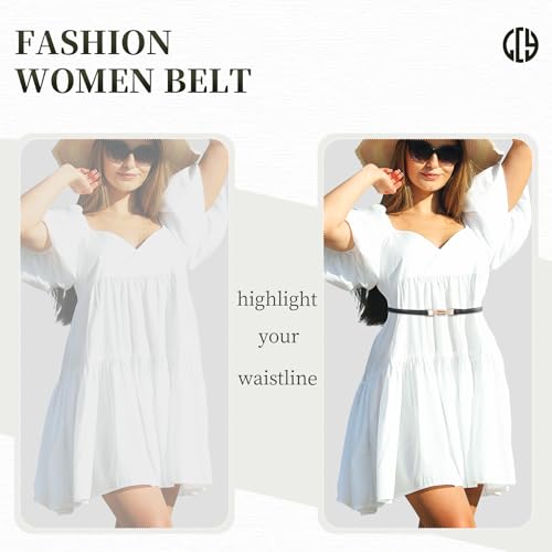 LCG LUCHENGYI 2 Pack Women Leather Skinny Belt Adjustable Thin Waist Belt Ladies Fashion Belts Golden Buckles for Dresses