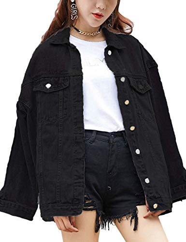 Omoone Women's Oversized Mid Long Denim Jacket Jean Biker Coat (0199-Black-S)