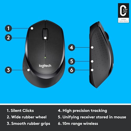 Logitech M330 SILENT Wireless Mouse, 2.4GHz with USB Receiver, Optical Tracking, Quiet & Lightweight, Long Battery Life, for PC, Mac, Laptop, Chromebook - Black