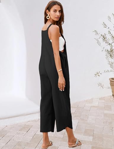 UANEO Womens Cotton Adjustable Casual Summer Bib Overalls Jumpsuits with Pockets (Black, Small)