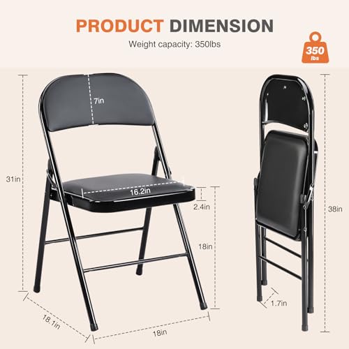 Sweetcrispy Folding Chair 2 Pack, Leather Padded Folding Chairs, Sturdy Metal Foldable Chairs, Easy to Use and Store, Outdoor and Indoor, for Home, Office, Party, Comfy, Black