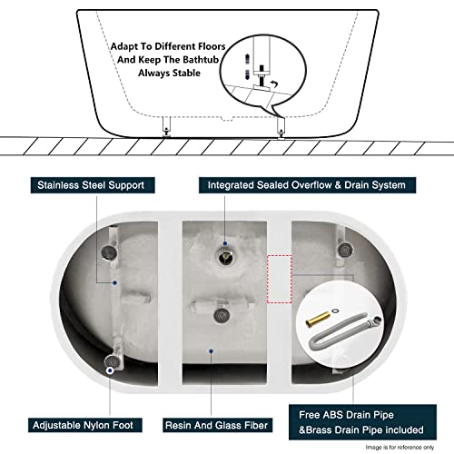 FerdY Shangri-La 47" Acrylic Freestanding Bathtub, Small Classic Oval Shape Acrylic Soaking Bathtub with Chrome Drain & Minimalist Linear Design Overflow, Modern White, cUPC Certified