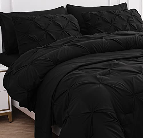 LANE LINEN Twin Comforter Set, 5 Piece Twin Bedding Sets, Ultra Soft Pintuck Twin Bed in a Bag Set with Down Alternative Comforter, Sheets, Pillowcase & Sham, Pinch Pleated Kids Bedding Set - Black