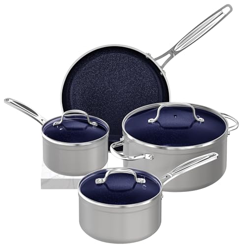 Nuwave 7pc Cookware Set Healthy Duralon Blue Ceramic Nonstick Coated, Diamond Infused Scratch-Resistant, PFAS Free, Oven Safe, Induction Ready & Evenly Heats, Tempered Glass Lids & Stay-Cool Handle