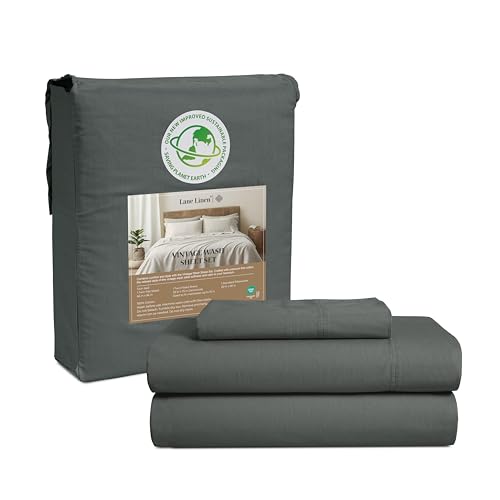 LANE LINEN Twin Sheet Set - 100% Cotton Bed Sheets Twin Size, 3Pc Twin Size Sheets, Vintage Washed, Pre-Shrunk Percale Twin Bed Sheet Set, Ultra Soft Sheets, 15" Deep Twin Fitted Sheet - Charcoal