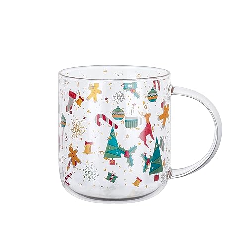 Koythin Christmas Moment Coffee Glass Mug, Cute Espresso Tumbler Glass Cup, Drinking Glasses Breakfast Cups, 13.5oz/400ml Perfect for Juice Tea Latte Cappuccino Gift Decor (Christmas Moment)