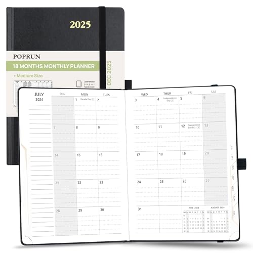 POPRUN Monthly Planner 2024-2025 ("8.5 X 6.25"), 18-Month Calendar Book (Jul.24 - Dce.25) with Monthly Tabs, Hardcover, Inner Pocket, 100GSM Thick Paper - Black