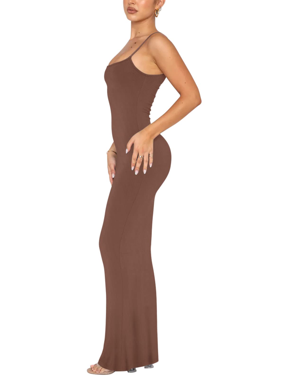 REORIA Women's Sexy Casual Lounge Slip Long Dress Elegant Wedding Guest Sleeveless Backless Ribbed Bodycon Maxi Dresses Coffee Medium