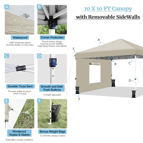 RHOLUTA 6.5x6.5 Pop Up Canopy Tent with 4 Removable Sidewalls, Ez Pop Up Outdoor Canopy, Adjustable Waterproof Canopy with Roller Bag, 4 Sand Bags, 4 Ropes and 8 Stakes