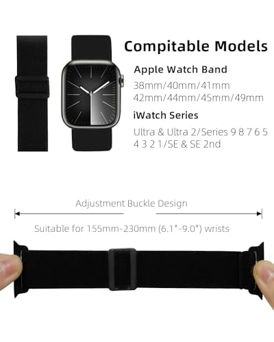 Stretchy Nylon Band Compatible with Apple Watch Band 38mm 40mm 41mm 42mm 44mm 45mm 49mm, Adjustable Elastic Magnetic Clasp Replacement Straps for Apple Watch Ultra/2 iWatch Series 9/8/7/6/5/4/3/2/1/SE