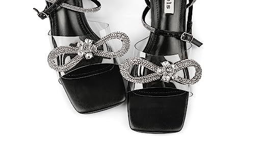 Zzheels Bow Heels Crystal Chunky Sandals Rhinestone Slingback Heels Square Toe for Party Dating Black US10.5