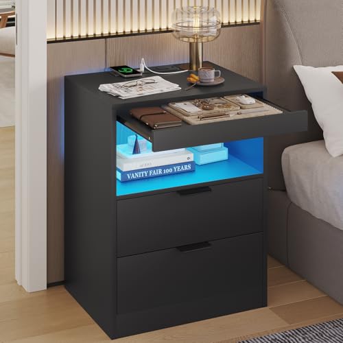 ADORNEVE LED Nightstand Black Nightstand with Wireless Charging Station 2 Drawers, Modern Bedroom End Side Table with LED Lights, Wooden Sofa Bedside Table with Pull-Out Shelf