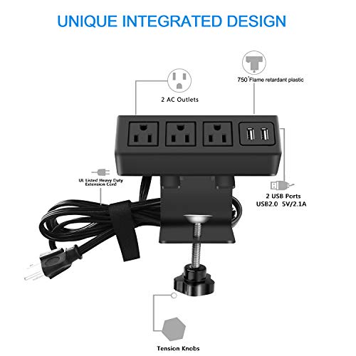 CCCEI 3 Outlet Desk Clamp Power Strip with USB Ports, Desktop Power Strip Surge Protector 1200J. Desk Mount Charging Power Station, on Desk Edge Power Outlet 125V 12A 1500W.