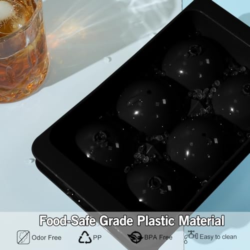 WIBIMEN Large Ice Cube Tray, 2IN Whiskey Ice Mold, 2 Pack Sphere Ice Cube Mold with Bin & Tong, Leak-free Round Ice Cube Mold, Easy Fill & Release Ice Ball Maker for Whiskey Cocktails Bourbon(Black)