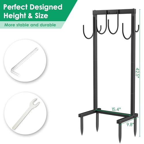 TomCare Garden Hose Holder Water Hose Holder with 4 Spikes Freestanding Garden Hose Stand Hose Storage Sturdy Hose Hanger Hose Reel Heavy Duty 6 Hooks Hose Organizer Holder for Outside, Black