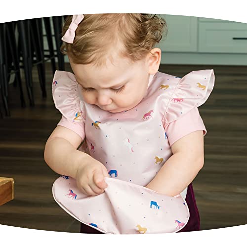 Tiny Twinkle Mess Proof Baby Bib - Waterproof Baby Apron - Machine Washable - PVC, BPA, & Phthalate Free - Great Travel Bib for Baby Eating - Baby Food Bibs (Unicorn Confetti, Small 6-24 Months)