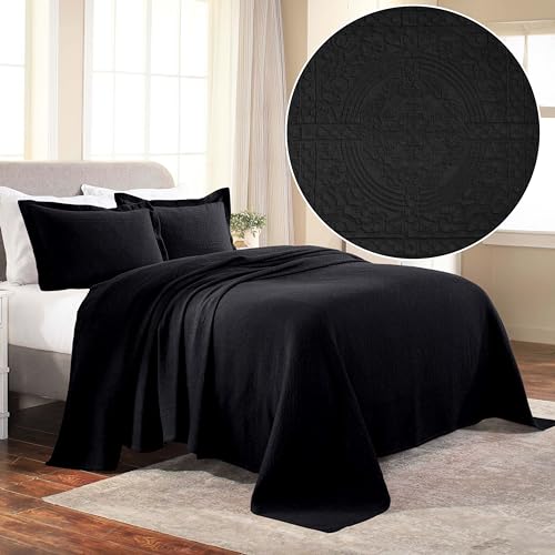 SUPERIOR Medallion Pillow Shams Bedspread, Twin, Black