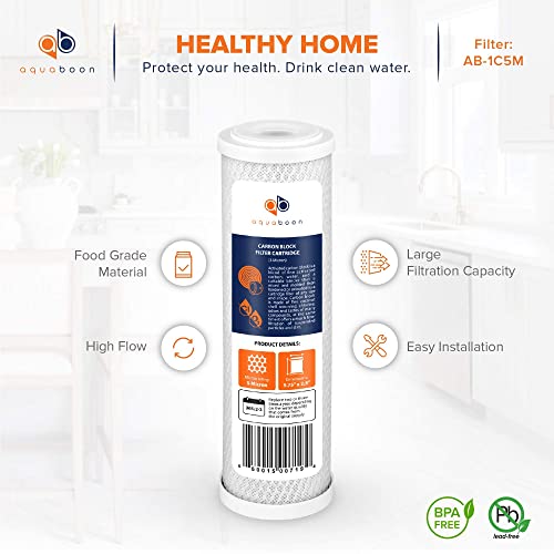 Aquaboon 5 Micron 10 x 2.5 Carbon Block Water Filter Cartridge CTO Whole House Water Filter Replacement Compatible with WHKF-WHWC, FXWTC, 2-PACK