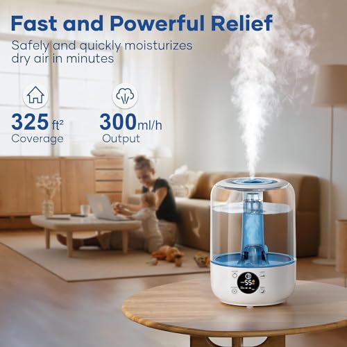 HiLIFE Humidifiers for Bedroom, 3 Times Fog Coverage, 3.2L Ultrasonic Cool Mist Humidifiers for Home Baby Nursery & Plants, Top Fill Air Humidifier Lasts Up to 35 Hours, Auto Shut-Off