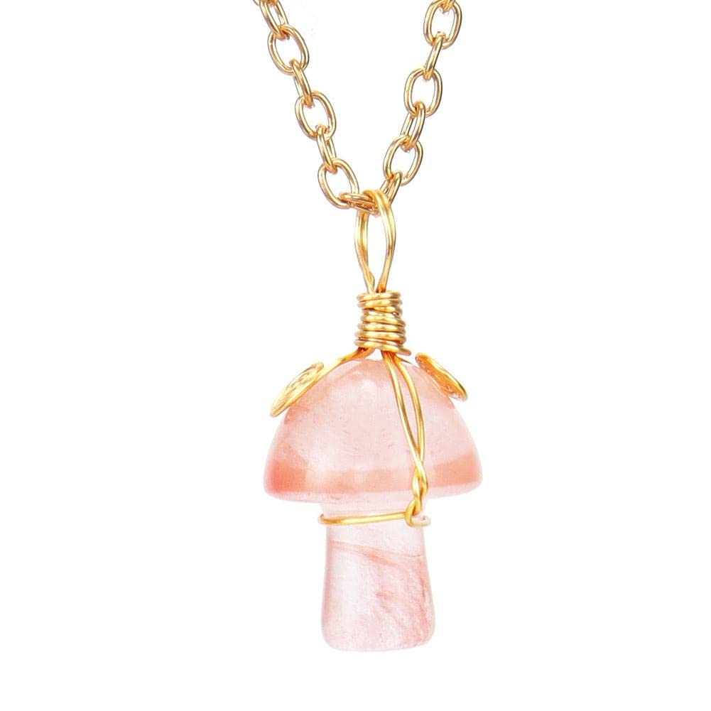 Rose Quartz Crystals Cute Mushroom Necklace for Women Teen Girls Trendy, Gold Plated Dainty Healing Chakra Preppy Necklaces Aesthetic