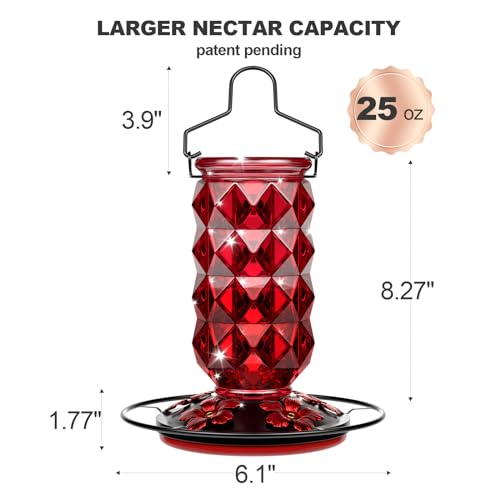 Glass Hummingbird Feeders for Outdoors, 25 Ounces Wild Bird Nectar Feeder with Perch & 5 Flower Feeding Ports Leak Proof Hanging for Garden Backyard Decor, Gifts for Women Mom, Red
