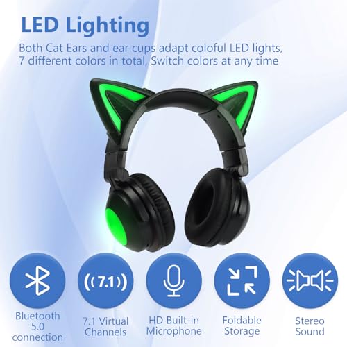 YIK TUNG Cute Cat Ear Bluetooth Headphones with Built-in Mic, Over Ear Wired Headphones with LED Lights, Foldable Wireless Headset with Cat Ear for Traveling, Gift for Boys Girls Teens Adult (Black)