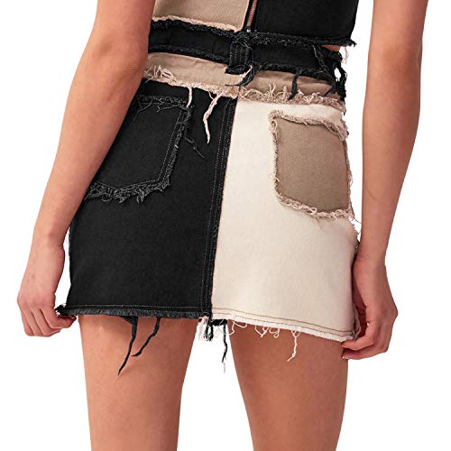 Tulucky Womens Fashion Mid-Rise Color Blocking Patchwork Ripped Stretch Denim Skirts(Black,XS)