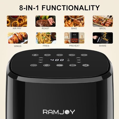 RAMJOY Air Fryer 3.8 Quarts for 1-2 people, 8-in-1 Functions, Air Fry, Roast, Bake, Broil, Preheat, Shake, Digital Small Air Fryer, Nonstick Dishwasher-Safe Basket, Compact Air Fryers, Black