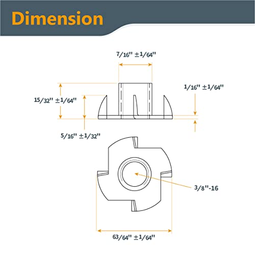 POWERTEC 3/8-16 T Nuts, 50 Pcs | 4 Pronged Tee Nuts for Bolts and Stem Caster Wheels, Threaded Inserts for Wood Working, Rock Climbing Holds and Furniture, for Use with Hammer | 1/2" Length (QTN1106)