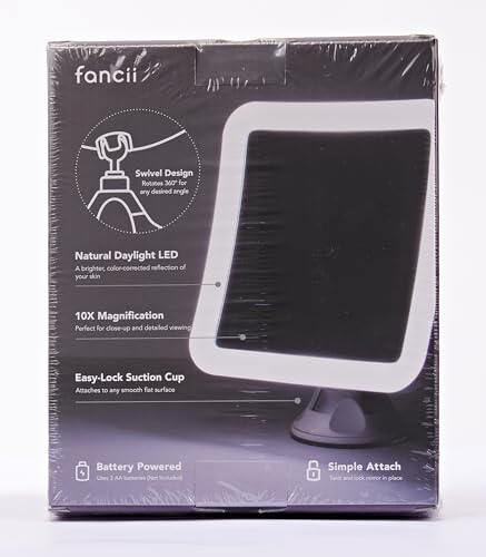 Fancii 10X Magnifying Lighted Makeup Mirror - Daylight LED Vanity Mirror - Compact, Cordless, Locking Suction, 6.5" Wide, 360 Rotation, Portable Illuminated Bathroom Mirror (Square)