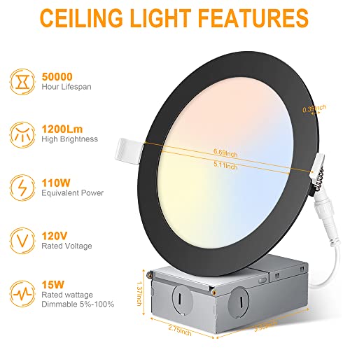 Wosen 12Pack 6 Inch 5CCT Ultra-Thin LED Recessed Ceiling Light with Junction Box, 15W 1200lm Canless Wafer Downlight ETL Energy