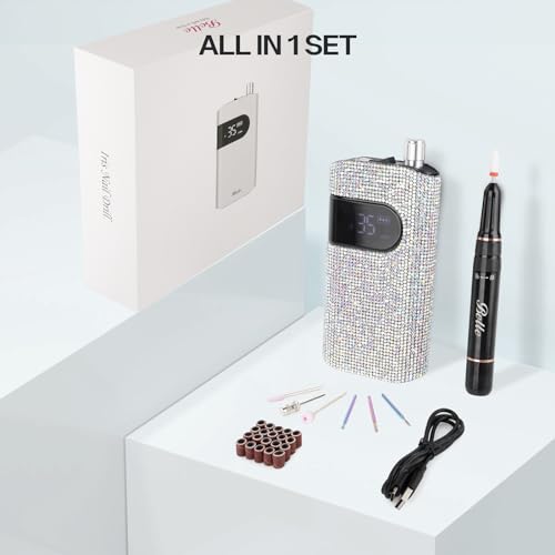 Belle Professional Nail Drill Machine, Sparkly Electric Nail Drill for Acrylic Nails, Cordless Portable Nail Drill Kit with Drill Bits & Sanding Bands, Manicure Pedicure Tools for Home and Salon