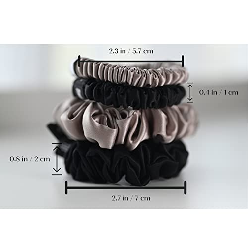 Hair Tiger 100% Mulberry Silk Scrunchies Perfect for Sleeping, Hypoallergenic and Gentle Silk Hair Ties to Prevent Frizz, Tangles and Breakage (Medium and Skinny) (Black and Taupe), Set of 4