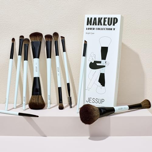 Jessup Makeup Brushes Set 10pcs, Double Sided Foundation Contour Blush Highlight Blending Eyebrow Brush Eyeshadow Eyeliner Concealer Brush, Bright Cyan Cruelty Free Cosmetic Tools T500