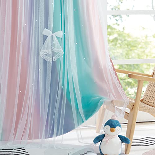 NICETOWN Star Curtains for Girls Bedroom, Mermaid Theme Nursery Decor for Girls, Kids Room/Living Room Mix & Match Sheer Attached to Star Cut Curtain Panels (Teal & Purple, 2 Pieces = W104 x L95)