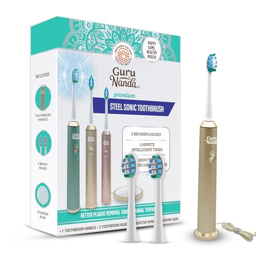 GuruNanda Steel Sonic Toothbrush - Rechargeable, 5 Modes, 2 Min Smart Timer & Replacement Brush Heads - Gold