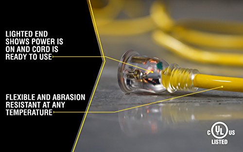 Yellow Jacket Extra Heavy Duty Extension Cord, 50Ft, 10 Gauge, 3 Conductor, Lighted End, Weather Resistant, SJTW, Yellow, 2991